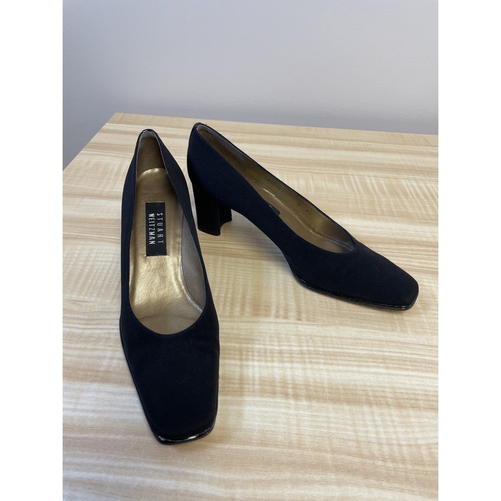 Beautiful 90s Stuart Weitzman Women Block Heel Black Suede Pumps Square Toe 9 AA